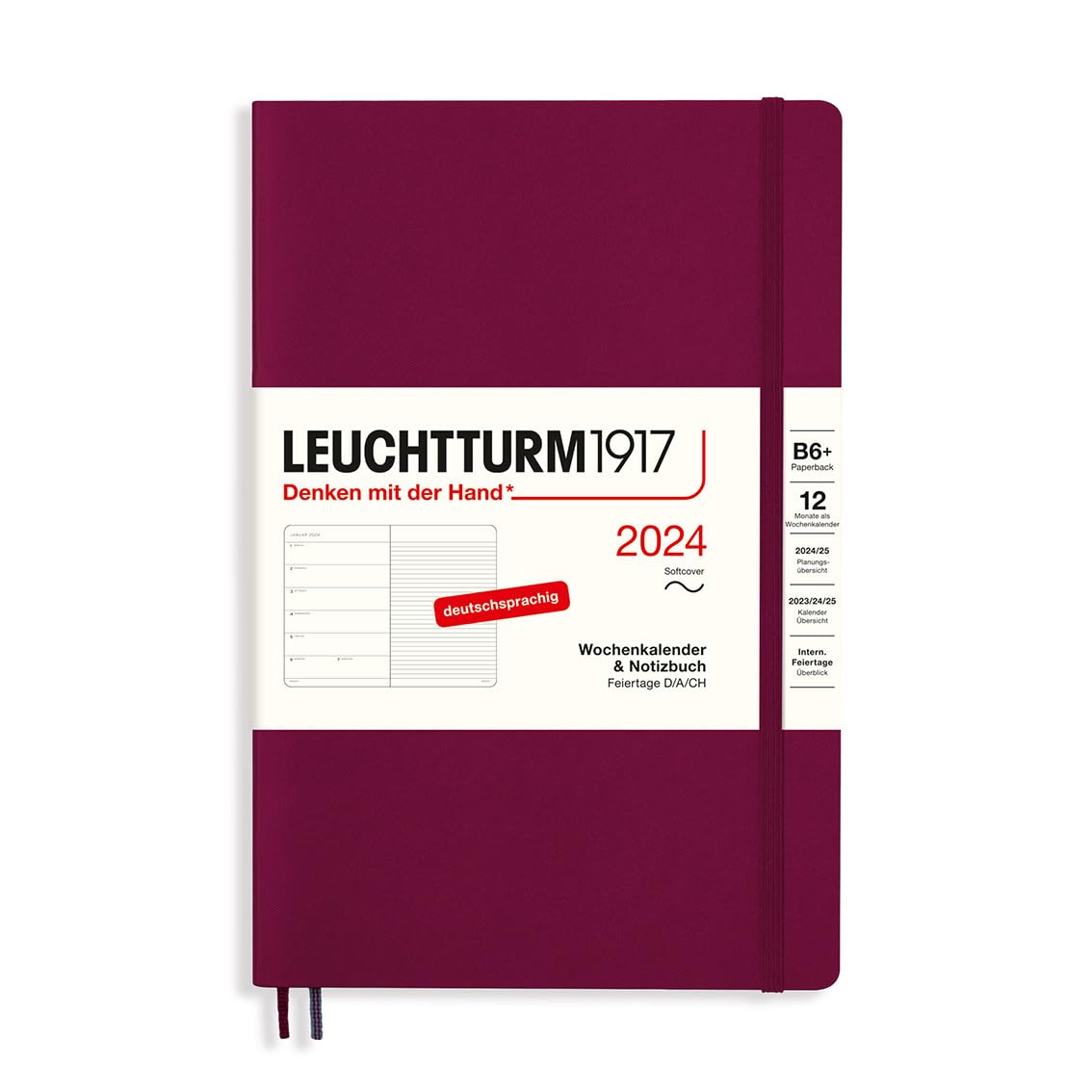 LEUCHTTURM1917 367811 Weekly Calendar & Notebook Paperback (B6+) 2024, Soft Cover, Port Red, German, 12 Months