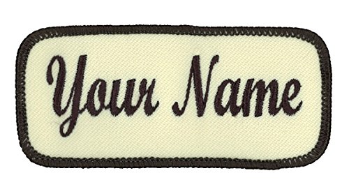 Name patch Uniform or work shirt personalized Identification tape Embroidered Sew On, Hook Fastener or Iron on, Dark Brown/Rice Script, SEW ON