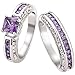 Women 2 PCS 925 Sterling Silver Plated Princess Cut Purple Amethyst Diamond CZ Engagement Wedding Ring Set