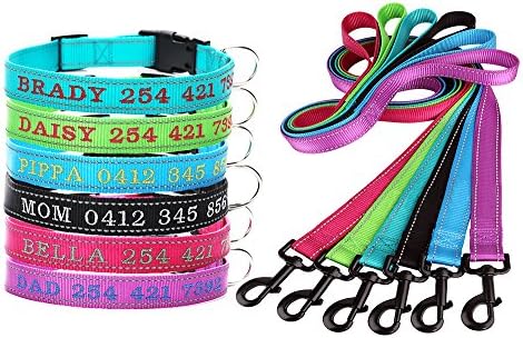 MOONPET Personalized Custom Dog Collar Leash Set with Engraved ID Tag Nameplate Buckle-Reflective Dog Collar with Name Phone Number for Dog Safety-Heavy Duty Adjustable for Small Medium Large Dogs