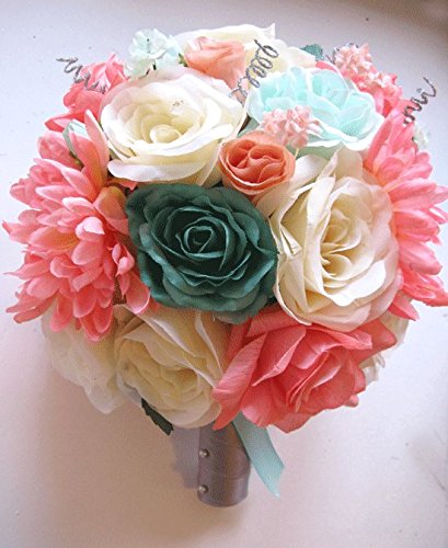 17 Pc Wedding Bouquet Bridal Silk Flower Coral Teal Green Mint