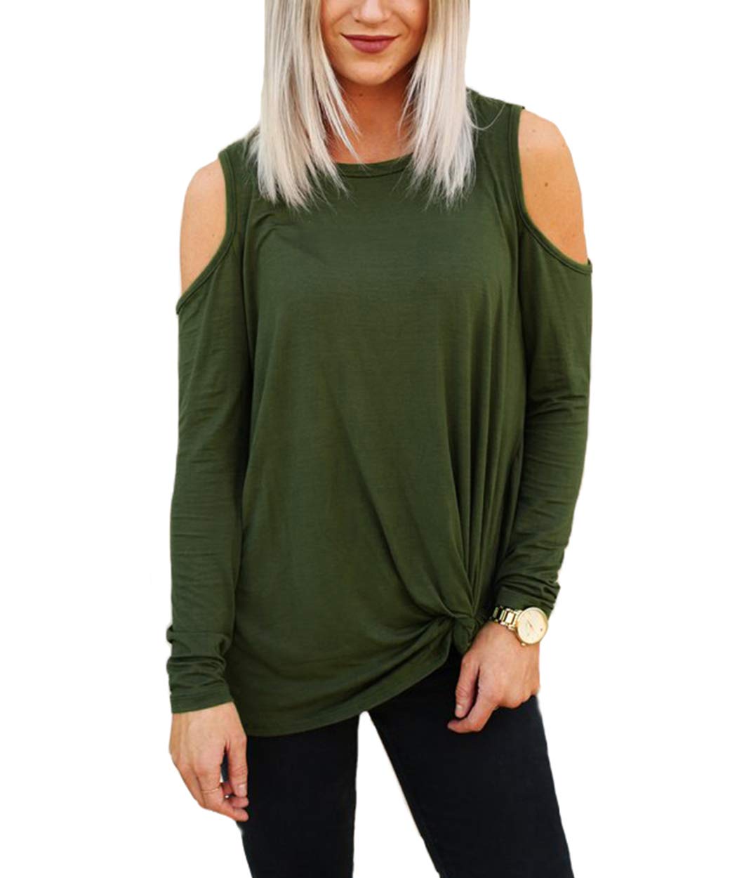 Eanklosco Women\'s Long Sleeve Cold Shoulder Cut Out T Shirts Casual Knot Tunic Tops (Army Green, 2XL)