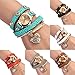 Women's Fashion Rhinstone Faux Leather Wrap Bracelet Quartz Watch with Heart Pendant (Light Blue)