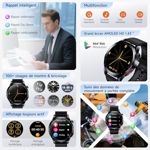 YUPENG 2026 Nouvelle Montre Connectée Homme ECG/HRV/Pressιon artérιelle/IMC/Acide Urique, 1.43" AMOLED Smartwatch avec Appels Bluetooth, 24h Analyse du Sommeil, SOS, Cardiofrequenceme, Android et iOS | Fréquence cardiaque Spo2 Sommeil Fitness Bracelet avec BMI/Fatigue/émotions pour Android iOS