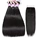Flady Malaysian Straight Virgin Hair 3 Bundles with Closure 8a Grade Unprocessed Virgin Human Hair Bundle with Lace Closure (10 12 14+8inch)
