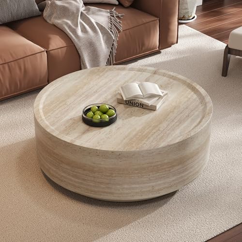Merax 37" Faux Marble Coffee Table with Drum Design, Circle Mars Pattern Center…