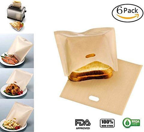 Pack of 6 Gluten-Free Toaster Bags for Grilled Cheese Non Stick Reusable Family Toaster Ovens Crisp Snack Pockets, FDA Approved