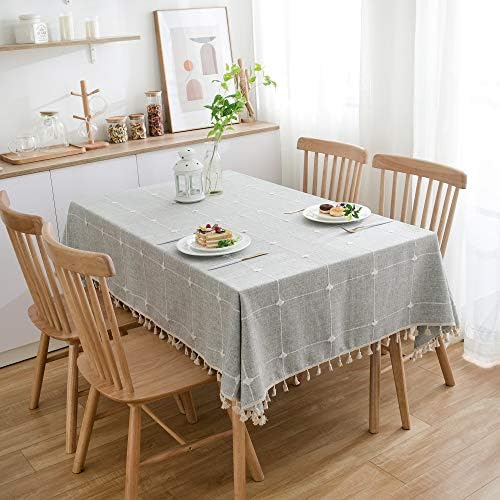 Aonewoe Rectangle Tablecloth 140x200 Decoration Elegant Grid Jacquard Table Cloth Cotton Linen with Tassel Edge Dust-proof Washable Kitchen Table Cover (Grey)