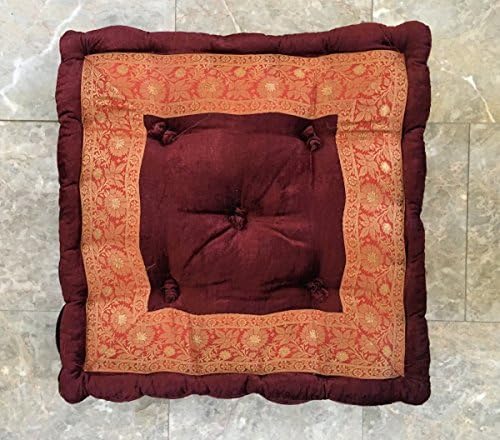 Worldcraft Industries Velvet Tall Meditation Cushion Hand Stitched with Embroidered Border and Filled with Natural Cotton. 20x20x4
