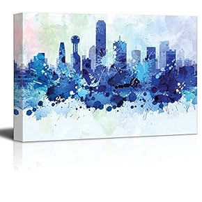 Vibrant Blue Splattered Paint on The City of Dallas, Texas - Canvas Art Home Art - 12x18 inches