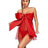 AndThere Sexy Christmas Lingerie for Women Santa Lace Babydoll Mesh Chemise Red Tube Top Dress Costume with Big Ribbon Bow