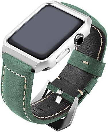LOYUT 38mm Watch Band Leather Replacement Band with Metal Clasp＋Metal Watch Case Protective Cover for Apple Iwatch Series 1/2 (38Green-Silver Frame)