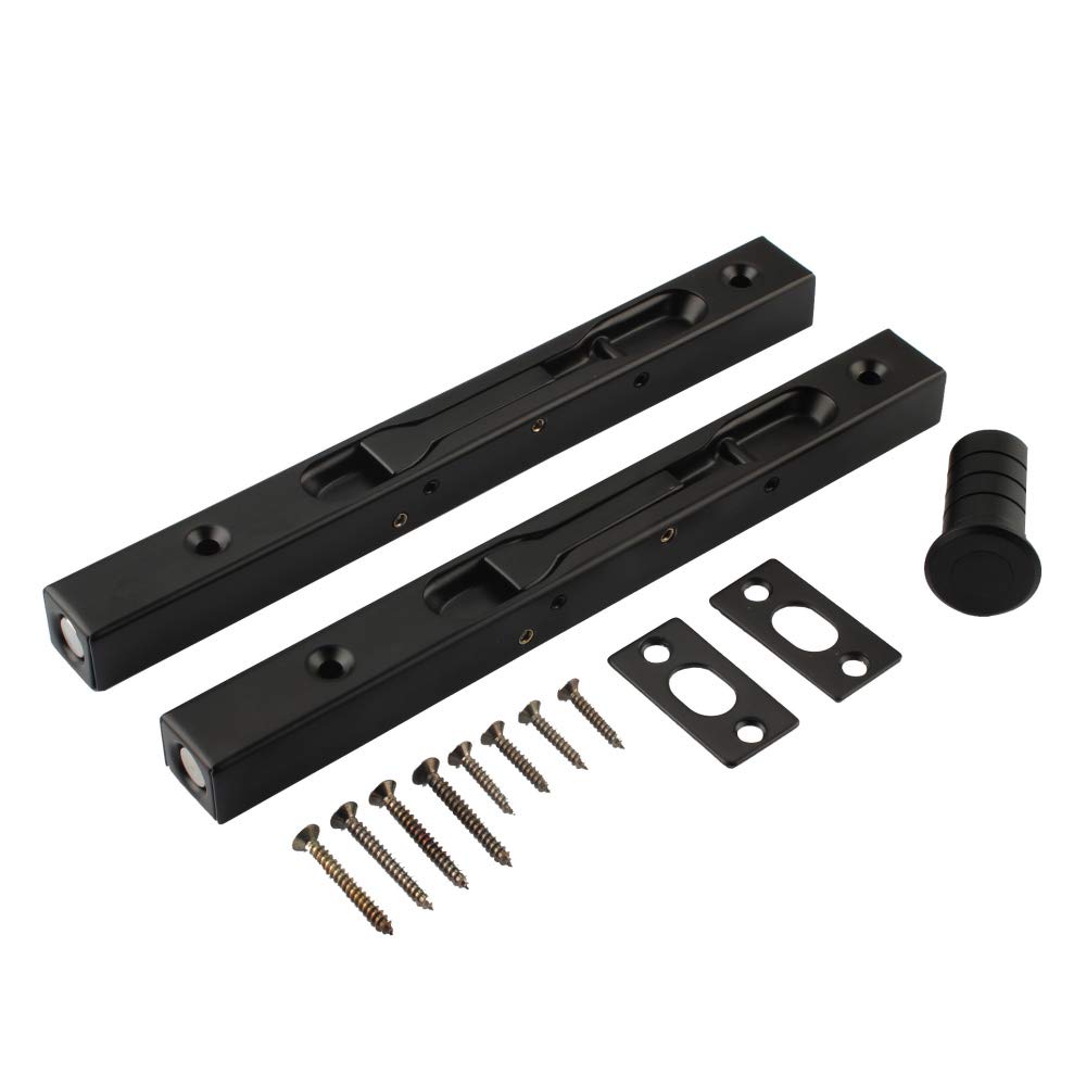 Photo 1 of Hidden Latch & Bolt Black 304 Stainless Steel 8 inch(20cm) Security Door Bolt Latch, Spring Dust Plug, Double Door Lever Action Flush Bolt Latch, French Door Slide Bolt Lock, Black Finish(2-Pack)