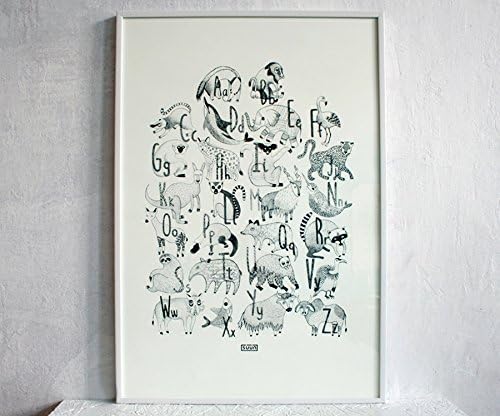 Hand screen printed alphabet poster with illustrations of animals (Black/White)