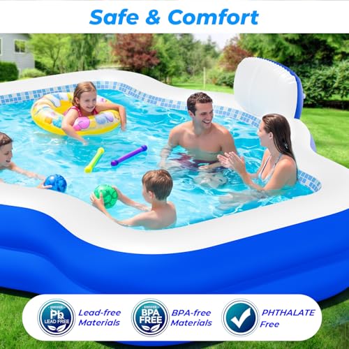 Inflatable Swimming Pool with Seat Pump, 121" X 90" X 22" Blow-Up Pool for Kids Adults Oversized Thickened Kiddie Pool Family Full Sized Inflatable Pools for Garden, Backyard, Outdoor Water Party