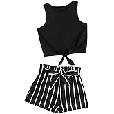 OYOANGLE Girl's 2 Piece Outfits Summer Tie Knot Tank Top and Paperbag Waist Striped Shorts Set