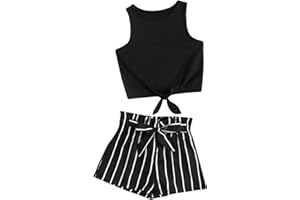 OYOANGLE Girl's 2 Piece Outfits Summer Tie Knot Tank Top and Paperbag Waist Striped Shorts Set