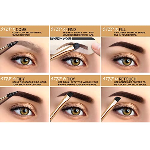 Youngfocus Eye Makeup Contour Kit Palette Set, 6 Waterproof Eyebrow Powders, 5 Eyebrow Stencils