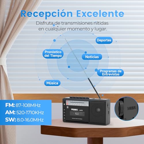 PRUNUS J-360 Bluetooth Cassette Player, Am/FM Solar and Rechargeable Radio Cassette Player with Headphone Jack, TF/USB Player.