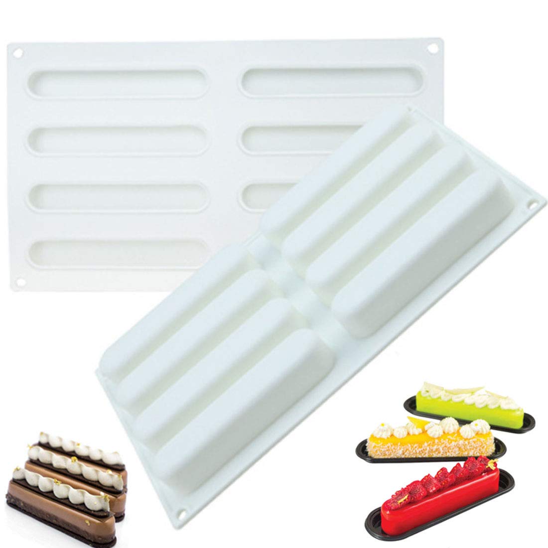 ZSWQ Long Strips Eclair Mold 2Pcs Silicone Mold, for Chocolate Cracker Bar Stick, Fondant, Rectangular Tray Ice Cube Trays (8 Cavity Long Strip)
