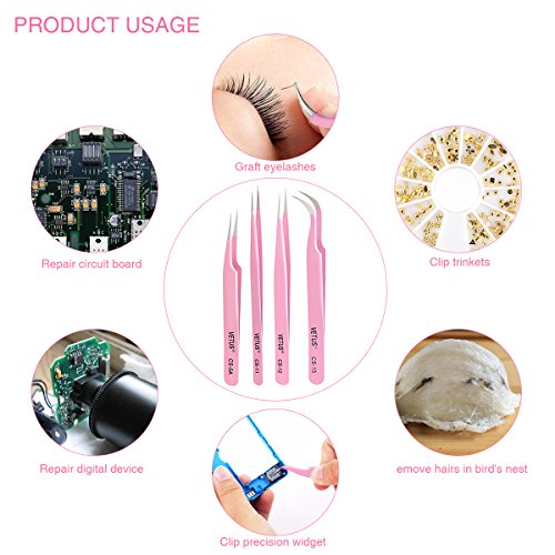 LuckyFine - 4 Pcs Tweezers Set Anti-Static Tweezers Stainless Steel Tweezers for Eyelash Extension,Electronics, Jewelry-making - Straight and Curved Tip Tweezers - Pink - Thumbnail 6