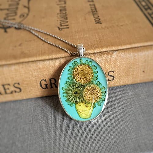 Van Gogh Sunflowers Necklace, Terrarium Botanical Boho Wedding Mori Pressed Real Dried Flower Friendship Mom Gift Still