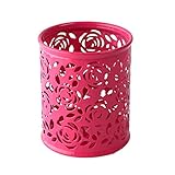 TONSEE Hollow Rose Flower Pattern Metal Pen Pencil Pot Holder Organizer (Red)