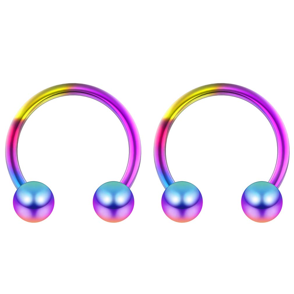 Bling Piercing 2pc 16mm Rainbow Surgical Stainless Steel Horseshoe Bar Hoop 5mm Ball Circular Barbells Earrings Cartilage Helix Septum Nose Lip Rings - 12mm
