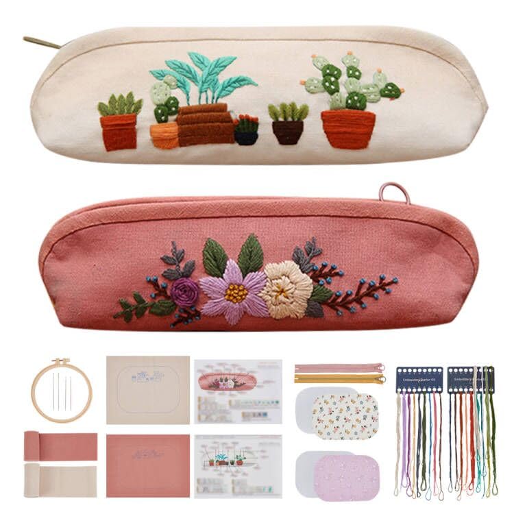 WEBEEDY 2 Sets DIY Embroidery Kit Canvas Zipper Pouch Handmade Embroidery Canvas Pencil Case Cosmetic Bags DIY Embroidered Clutch Starter Kit with All Supplies Tools Embroidery Hoops