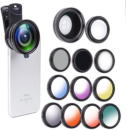 12 in 1 Camera Lens Kit, 0.45X Super Wide Angle Lens + 12.5X Macro Lens +Star/CPL/ND8/ 7 Color fliter iPhone 8, 7, 6s, 6, 5s & Samsung & Smartphones