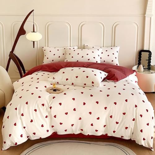 Freyamy Herz Bettwäsche 135x200 4teilig Weiß Rot Herzen Bettwäsche Set