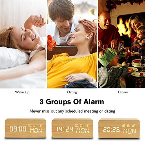 image for Kindak Led Digital Analog Alarm Clocks, Wooden Travel Clock with Time/