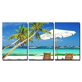 3 Piece Canvas Wall Art - Tropical Holidays/Vacation at The Beach with Palm Trees - Modern Home Art Stretched and Framed Ready to Hang - 16"x24"x3 Panels