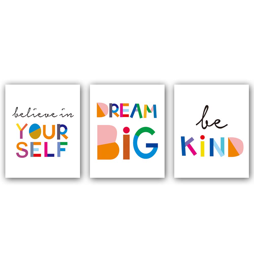 KAIRNE Watercolor Words Inspirational Quote Modern Minimalist Typography Art Print Set of 3 (8”X10” Canvas Painting, Motivational Quote Phrases Art Poster For Nursery Kids Room Home Decor, No Frame