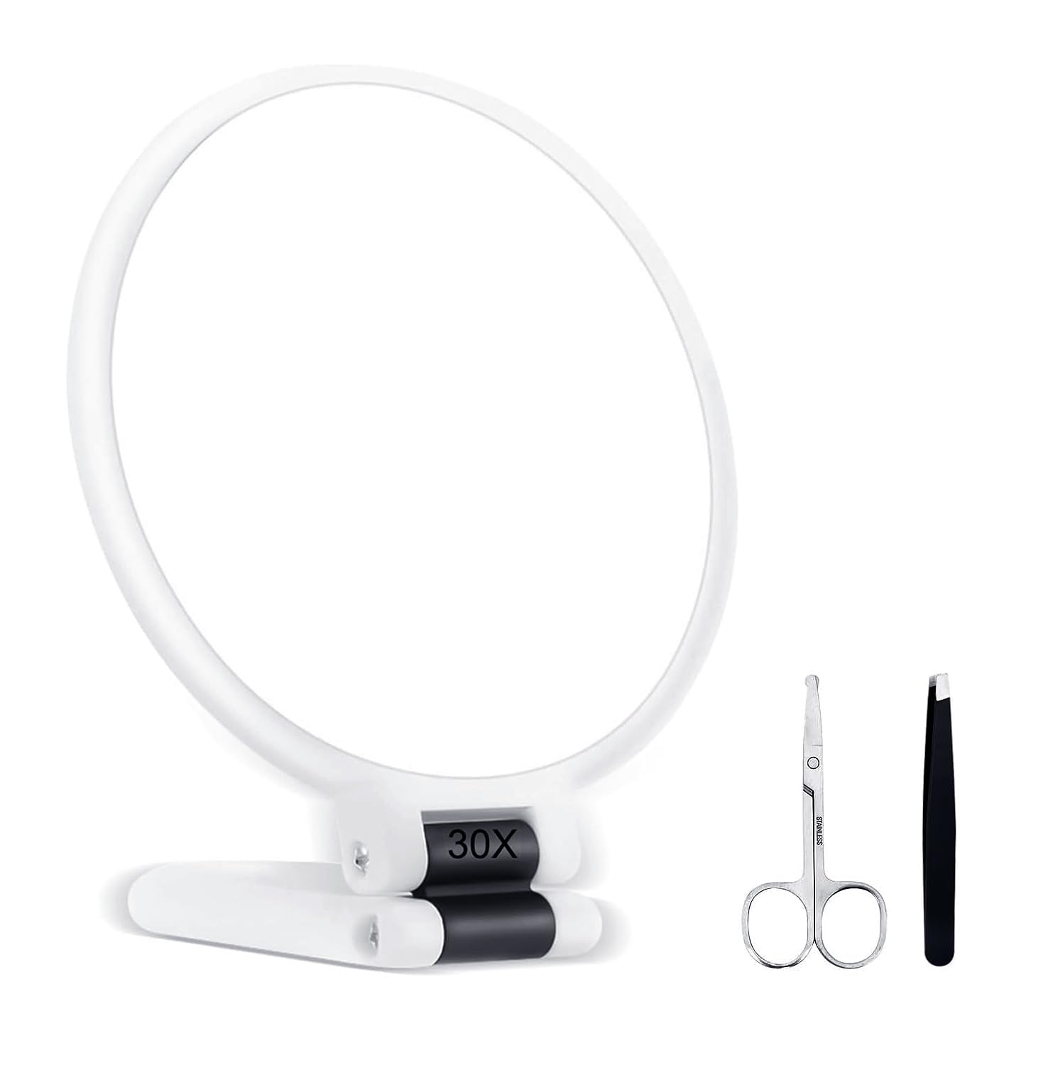 TRUEIN 30X Magnifying Mirror, Handheld Mirror with Handle, Travel Makeup Magnifying Mirrors with Tweezer Nose Hair Scissors, 30X/1X Double Sided Magnification, Portable Foldable for Precision Makeup