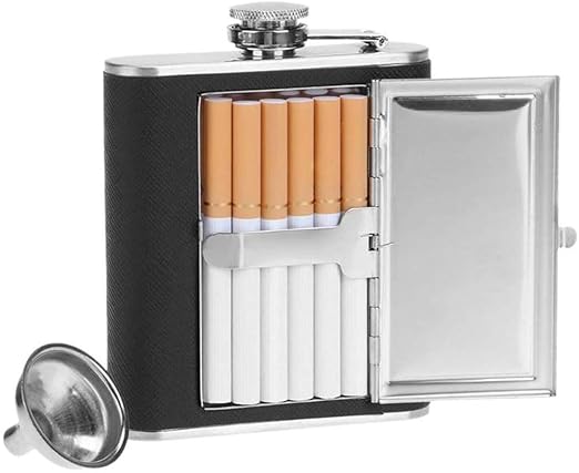 TULMAN Hip Flask with Funnel Fancy Alcohol Flask 6 Oz Stainless Steel Liquor Flask with Cigarette Case for Men