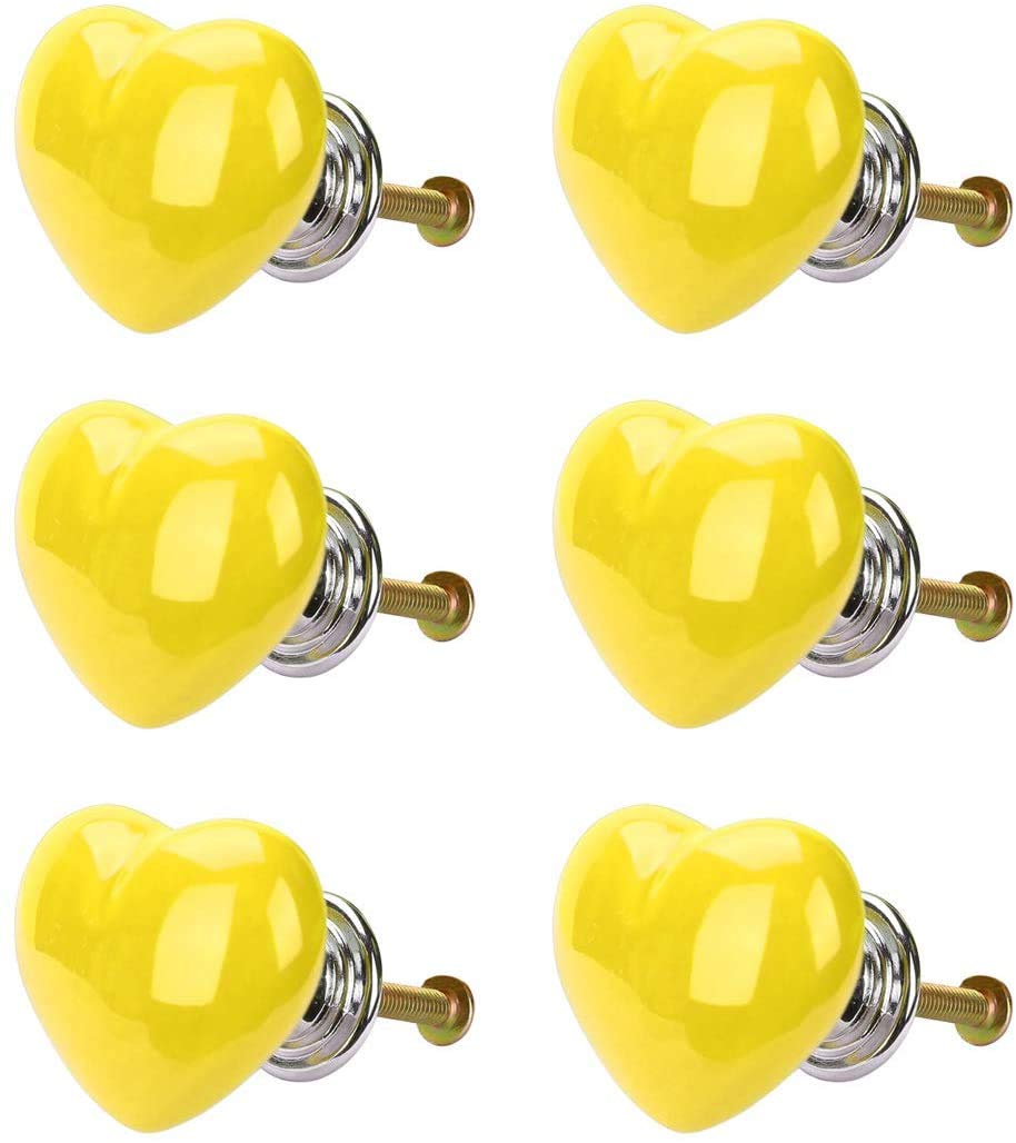 POFET 6pcs Heart-Shaped Dresser Drawer Cabinet Knobs Vintage Door Handle Ceramics Furniture Pulls for Kitchen Wardrobe Cupboard Kids Room Decorative - Yellow