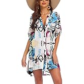 AI'MAGE Women's Swimsuit Beach Cover Ups Shirt V-Neck Button Down Bathing Suit Coverup Bikini Swimwear, Colorful-Light Blue, Small