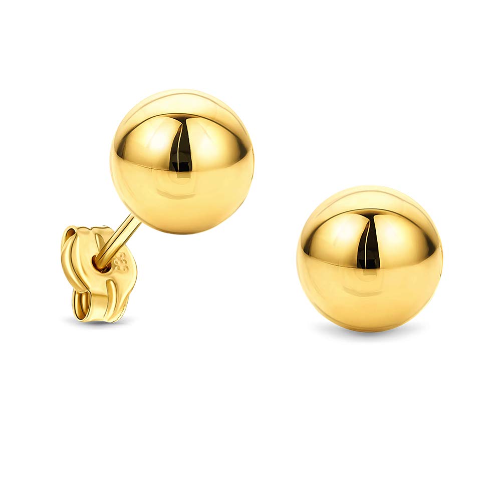 Miore 14ct 585 yellow gold stud earrings for women gold bead ball studs - 7 x 7 mm post and butterfly closure