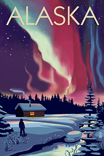 Lantern Press24x36 Inch Giclee Art Print Wall Decor, Alaska, Northern Lights and Cabin