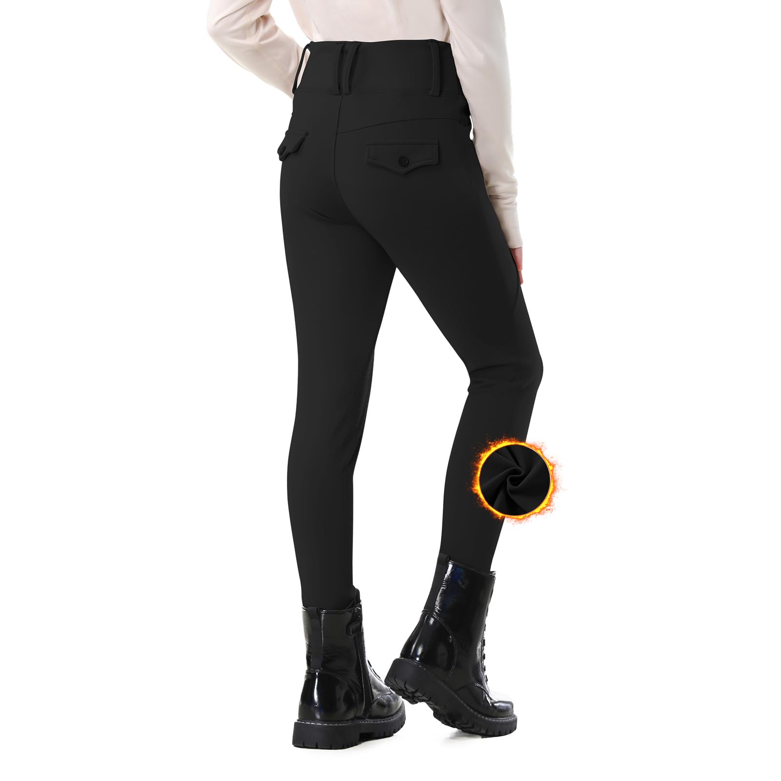 Photo 1 of SPOEAR Kid's Fleece Lined Horse Riding Pants Winter Equestrian Breeches Girls Knee Patch Silicone Schooling Tights Pockets(Black,L)