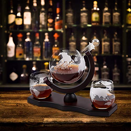 Moho Premium Whiskey Decanter | Handmade Globe Decanter Set With 2 Glasses | Durable Borosilicate | Ship In A Bottle | Perfect Gift | Liquor Dispenser for Whiskey, Bourbon, Scotch | Includes 9 Stones