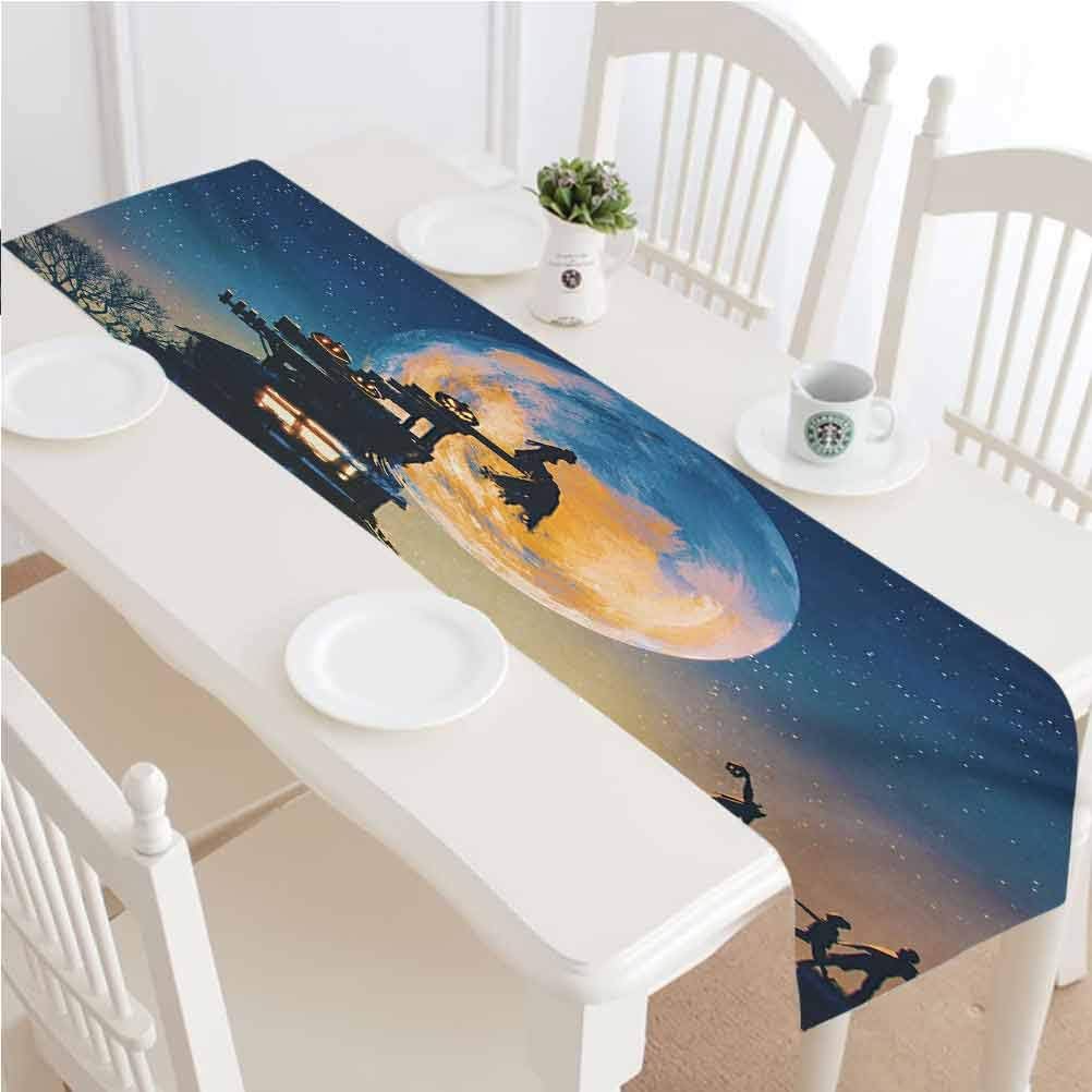 LCGGDB Fantasy World Dining Table Runner,Dead Queen in Castle Zombies in Cemetery Love Affair Bridal Halloween Theme Kitchen Rectangular Runner,16x96 Inch,for Wedding, Events, Decor Blue Yellow