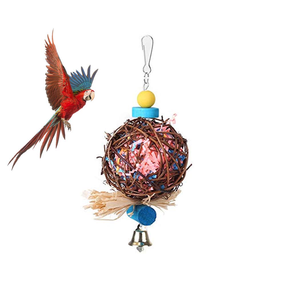 Natural Rattan Parrot Shredding and Foraging Toys with Paper Strips - Bird Chew Hanging Toy for Budgies Parakeets Cockatiels Conures