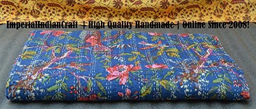 ImperialIndianCraft 100% Handmade Indian Kantha Quilt Blanket Comforter - Blue Shade Bird Of Paradise Print, Bohemian, Mediterranean, Vintage Bedding PREMIUM QUALITY | KING SIZE