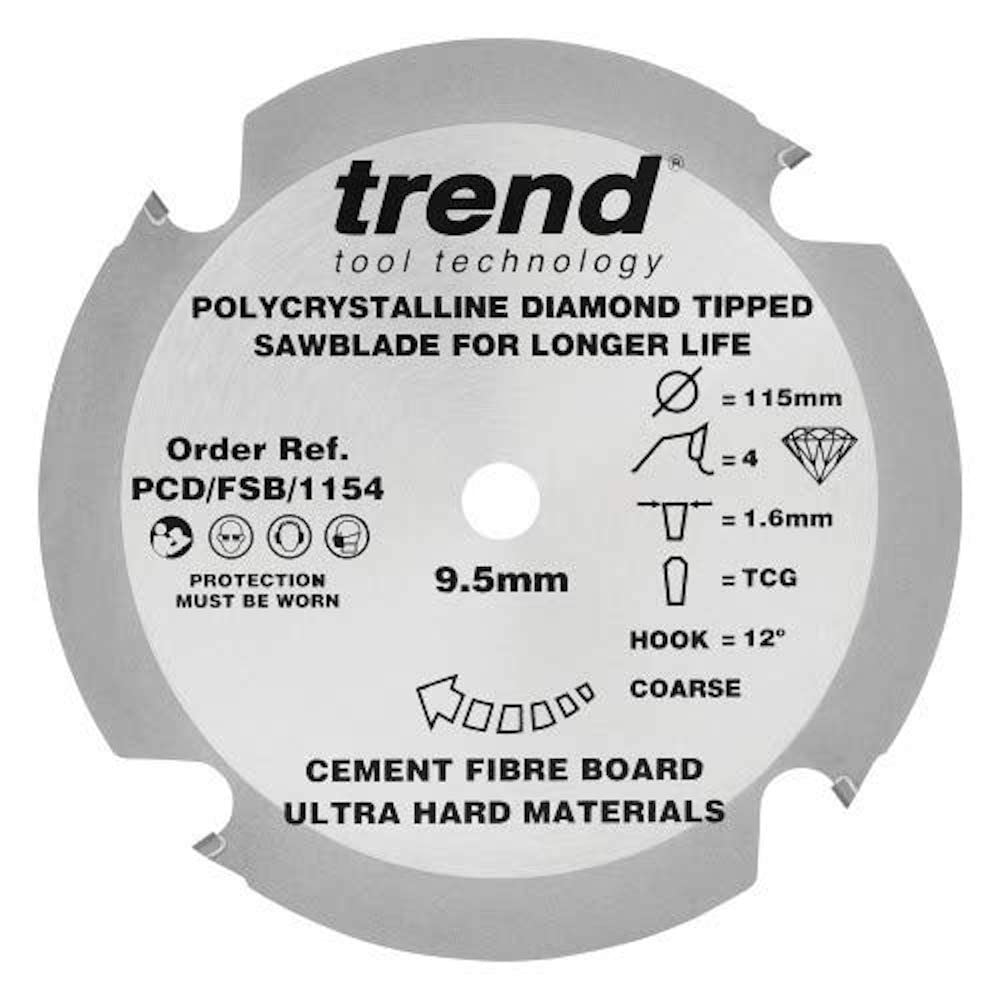 Trend PCD Fibre Cement Circular Saw Blade, 115mm Diameter, 9.50mm Bore, 4 Teeth, 1.6mm Kerf, +12° Hook, PCD, Coarse Finish, PCD/FSB/1154