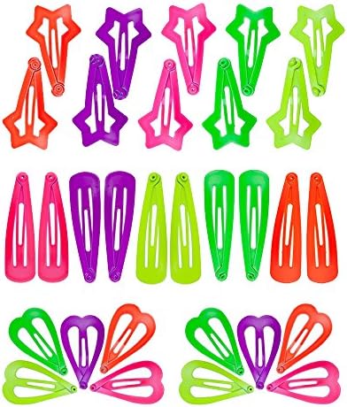 30pcs Set Kit Lot Pack of Neon Colored Teardrop, Hearts and Stars Shaped Hair Slides Grips Hairstyling Accessories Iron Hair Snap Clips Hairdos Prongs Sectioning Bendies Sleepies