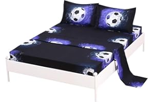 SDIII 4PCS Soccer Sheets Set Queen, Soft Microfiber Soccer Bed Sheet Queen, Fade Resistant, Sports Sheets Set for Boys Girls Kids and Teens