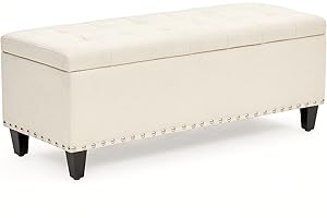HUIMO Ottoman with Storage, 41-inch Upholstered Fabric Storage Ottoman with Safety Hinge, Storage Bench with Button-Tufted, Ottoman Bench for Bedroom, Entryway, Living Room, End of Bed Bench (Ivory)