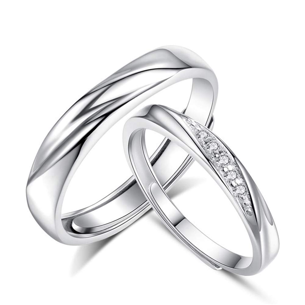 Josfeva Silver Couple Rings for Women/Men, 925 Sterling Silver Adjustable Silver Band Rings, Silevr Bride Wedding Engagement Twist Ring with Cubic Zirconia for Love Promise/Anniversary/Valentines